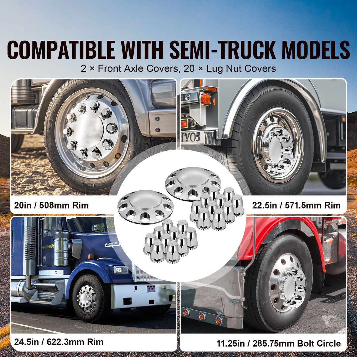 Front Axle Wheel Covers, Dome Axle Cover for Semi Truck, ABS Electroplate Rust-Resistant Lug Nut Covers, Universal Fit, Installation Tool Included, Complete Axle Cover Combo Kit