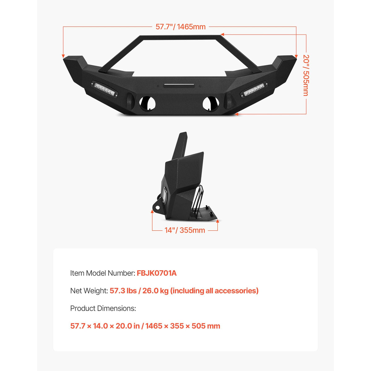 Front Bumper Compatible with 2007-2018 Wrangler JK/JKU, Heavy-Duty Steel Front Bumper with 2PCS LED Light Bars, Winch Plate, Fog Light Housing and D-Ring Mounts
