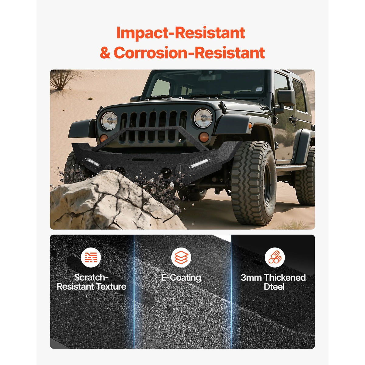 Front Bumper Compatible with 2007-2018 Wrangler JK/JKU, Heavy-Duty Steel Front Bumper with 2PCS LED Light Bars, Winch Plate, Fog Light Housing and D-Ring Mounts