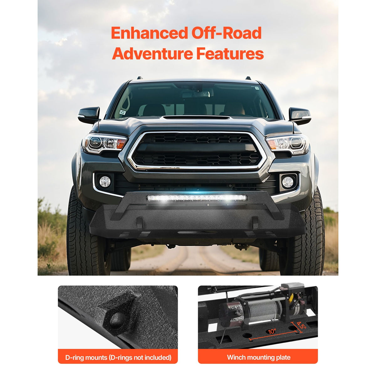 Front Bumper Compatible with 2016-2023 Toyota Tacoma (Excluding Tacoma TRD/Tacoma TRD Sport), Pickup Truck Bumper with LED Light Bar, Winch Plate & D-Rings Mounts