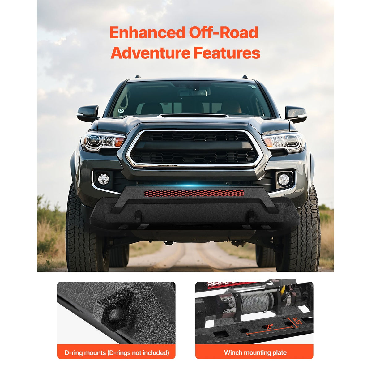 Front Bumper Compatible with 2016-2023 Toyota Tacoma (Excluding Tacoma TRD/Tacoma TRD Sport), Pickup Truck Bumper with Winch Plate & D-Ring Mounts, Heavy-Duty Steel Front Bumpers