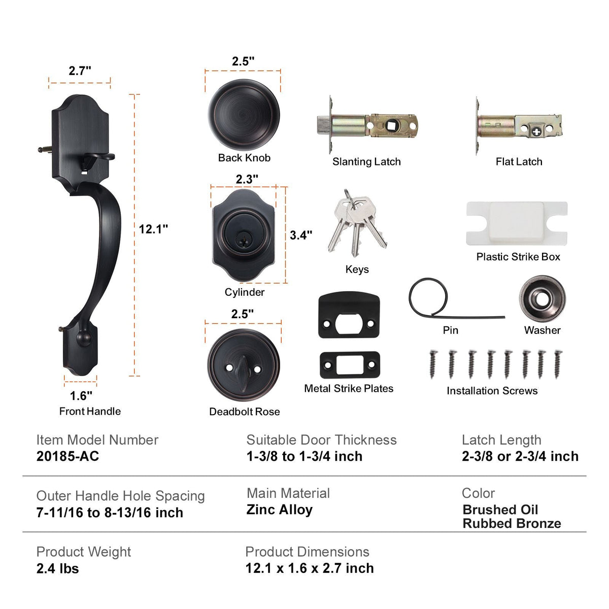 Front Door Handle and Deadbolt Set, Front Door Lock Set with Interior Knob, Adjustable Hole Spacing Single Cylinder Handleset, for Right and Left Handed Entrance, Brushed Oil Rubbed Bronze