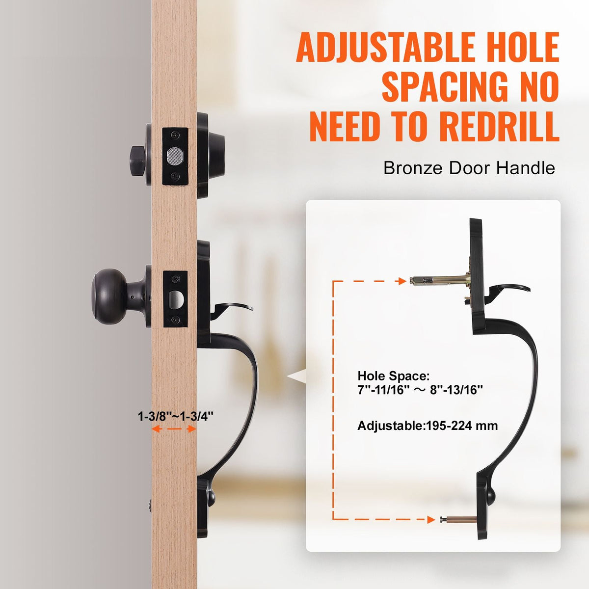 Front Door Handle and Deadbolt Set, Front Door Lock Set with Interior Knob, Adjustable Hole Spacing Single Cylinder Handleset, for Right and Left Handed Entrance, Brushed Oil Rubbed Bronze