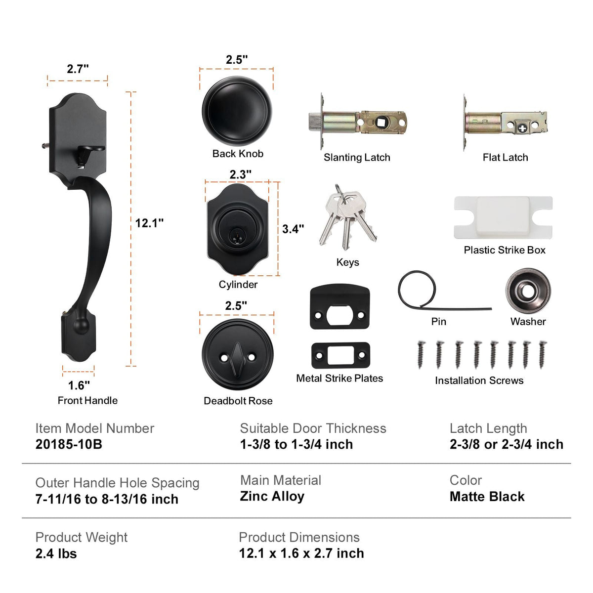 Front Door Handle and Deadbolt Set, Matte Black Front Door Lock Set with Interior Knob, Adjustable Hole Spacing Single Cylinder Handleset, for Right and Left Handed Entrance and Front Door