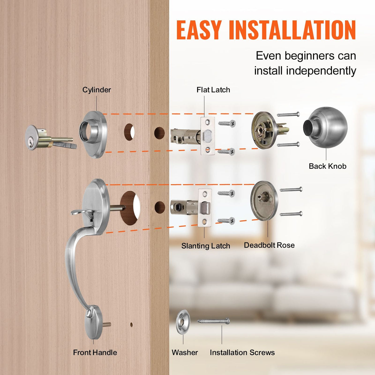 Front Door Handle and Deadbolt Set, Satin Nickel Front Door Lock Set with Interior Knob, Adjustable Hole Spacing Single Cylinder Handleset, for Right and Left Handed Entrance and Front Door