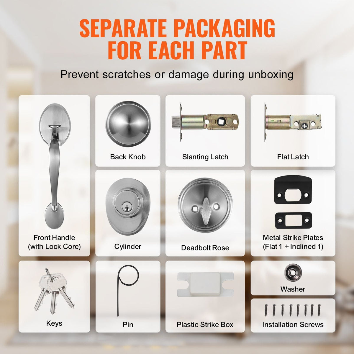 Front Door Handle and Deadbolt Set, Satin Nickel Front Door Lock Set with Interior Knob, Adjustable Hole Spacing Single Cylinder Handleset, for Right and Left Handed Entrance and Front Door
