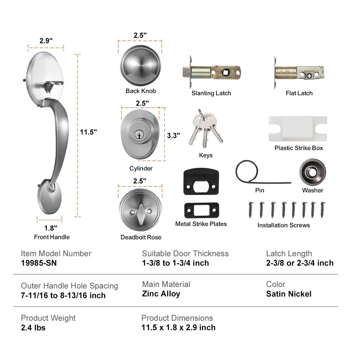 Front Door Handle and Deadbolt Set, Satin Nickel Front Door Lock Set with Interior Knob, Adjustable Hole Spacing Single Cylinder Handleset, for Right and Left Handed Entrance and Front Door