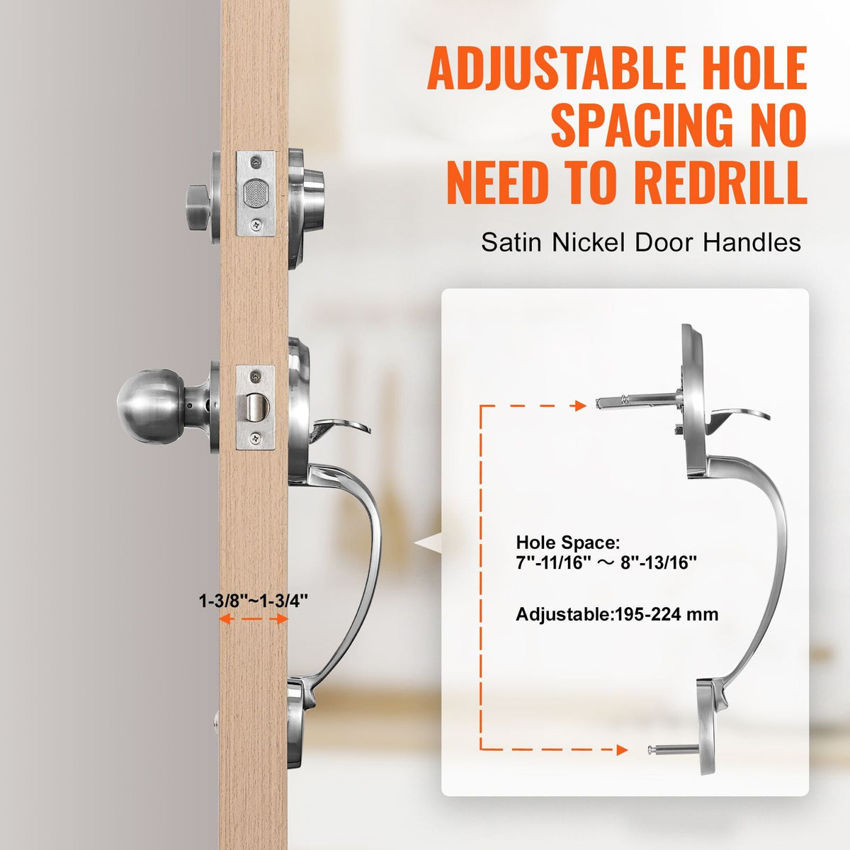 Front Door Handle and Deadbolt Set, Satin Nickel Front Door Lock Set with Interior Knob, Adjustable Hole Spacing Single Cylinder Handleset, for Right and Left Handed Entrance and Front Door