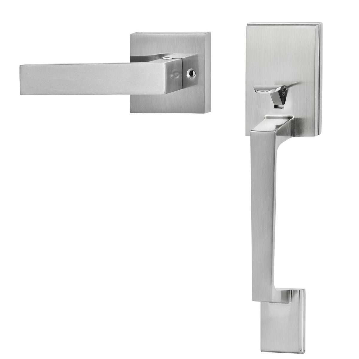 Front Door Handle, Satin Nickel Square Handle Set with Lever Door Handle No Lock, Adjustable Hole Space, Entry Door Handle with Reversible for Right and Left Handed Entrance and Front Door