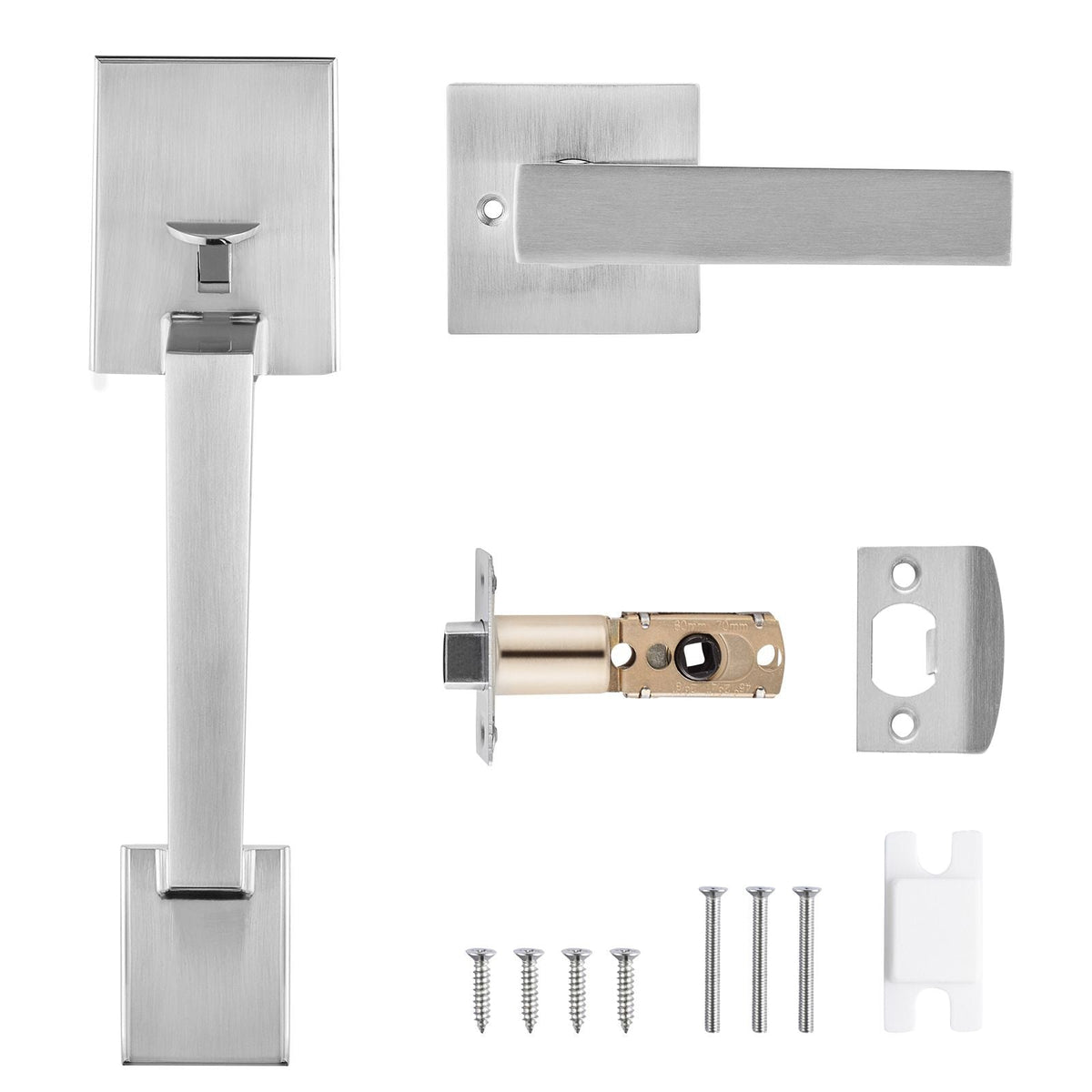 Front Door Handle, Satin Nickel Square Handle Set with Lever Door Handle No Lock, Adjustable Hole Space, Entry Door Handle with Reversible for Right and Left Handed Entrance and Front Door
