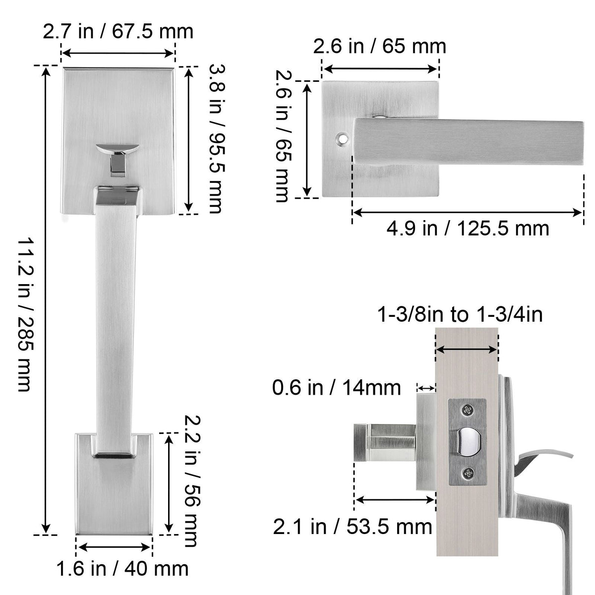 Front Door Handle, Satin Nickel Square Handle Set with Lever Door Handle No Lock, Adjustable Hole Space, Entry Door Handle with Reversible for Right and Left Handed Entrance and Front Door