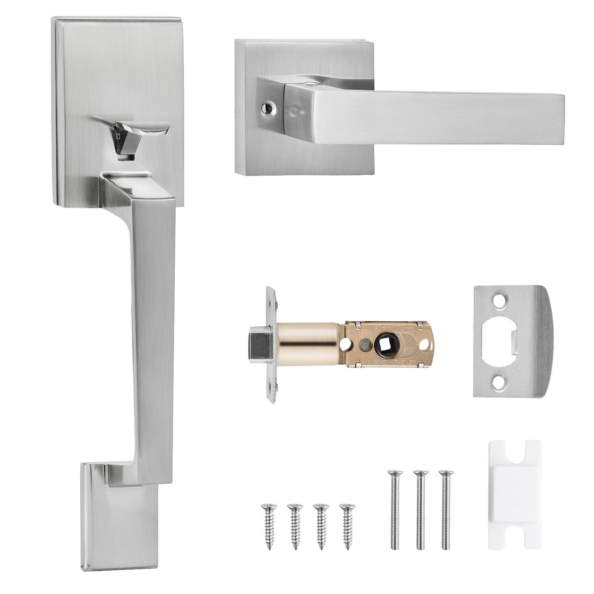 Front Door Handle, Satin Nickel Square Handle Set with Lever Door Handle No Lock, Adjustable Hole Space, Entry Door Handle with Reversible for Right and Left Handed Entrance and Front Door