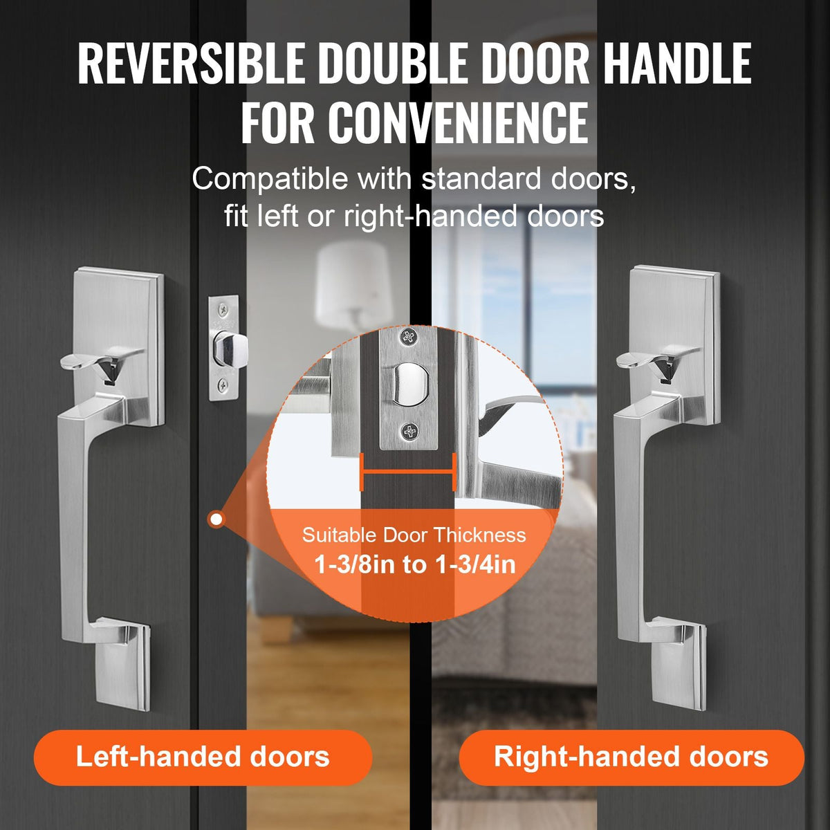Front Door Handle, Satin Nickel Square Handle Set with Lever Door Handle No Lock, Adjustable Hole Space, Entry Door Handle with Reversible for Right and Left Handed Entrance and Front Door