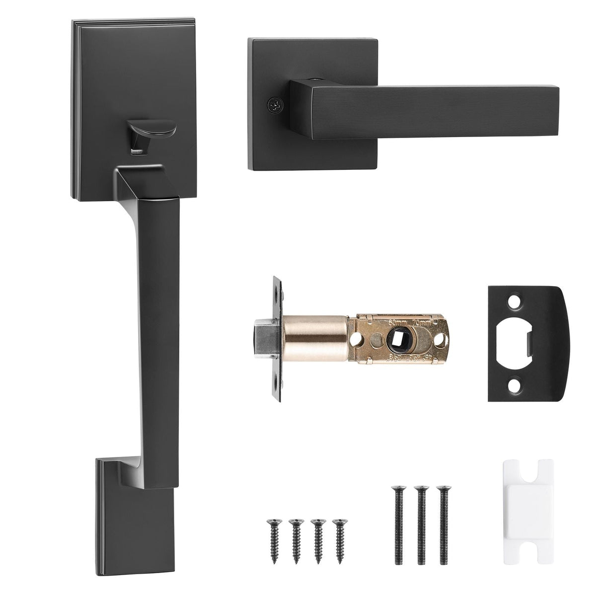 Front Door Handle, Square Entry Handle Set with Lever, No Lock, Adjustable Hole Space, Zinc Alloy Die-Casting, Reversible for Right and Left Handed Entrance and Front Doors, Matte Black