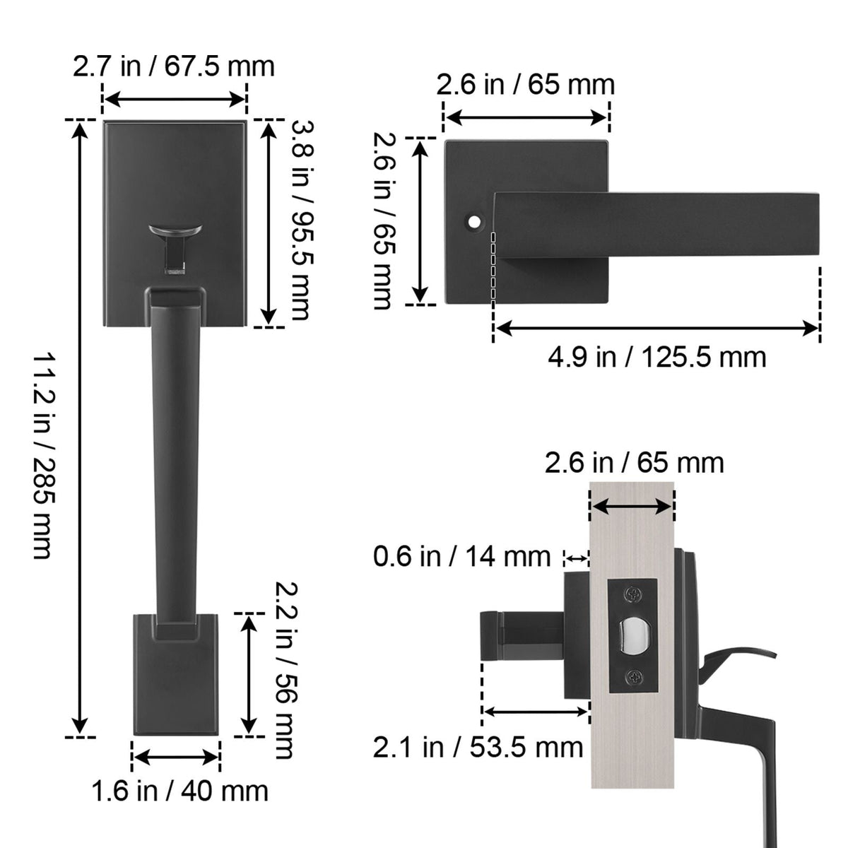 Front Door Handle, Square Entry Handle Set with Lever, No Lock, Adjustable Hole Space, Zinc Alloy Die-Casting, Reversible for Right and Left Handed Entrance and Front Doors, Matte Black