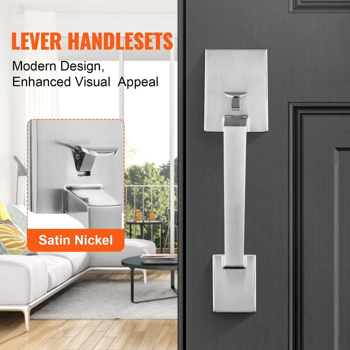Front Door Handle, Square Entry Handle Set with Lever, No Lock, Adjustable Hole Space, Zinc Alloy Die-Casting, Reversible for Right and Left Handed Entrance and Front Doors, Satin Nickel