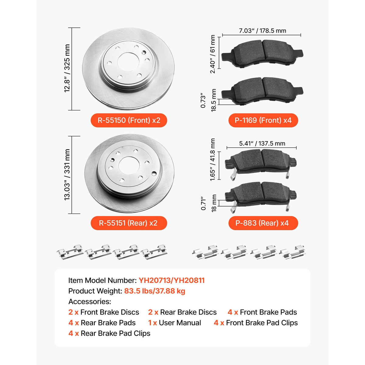 Front & Rear Brake Kit Compatible with 2008-2017 Buick Enclave, 2009-2017 Chevrolet Traverse/2007-2010 Saturn Outlook, 2007-2016 GMC Acadia/2017 GMC Acadia Limited, Hollow Brake Rotors Pads Kit