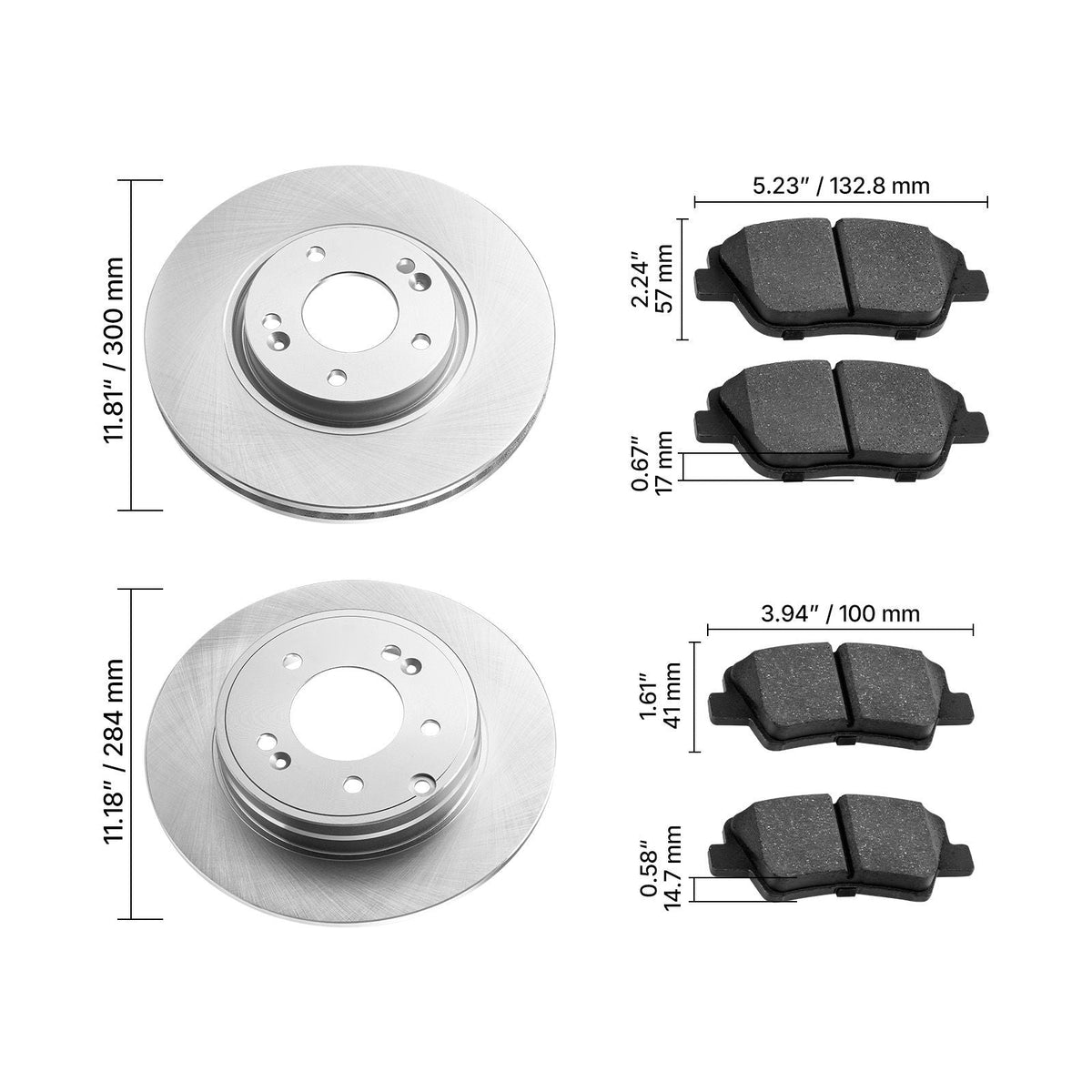 Front & Rear Brake Kit Compatible with 2011-2014 Hyundai Sonata, 2015 Hyundai Sonata (Hybrid, Hybrid Limited; Non-Turbo; Models w/Manual Parking Brake), Hollow Brake Rotors & Solid Rear Rotors