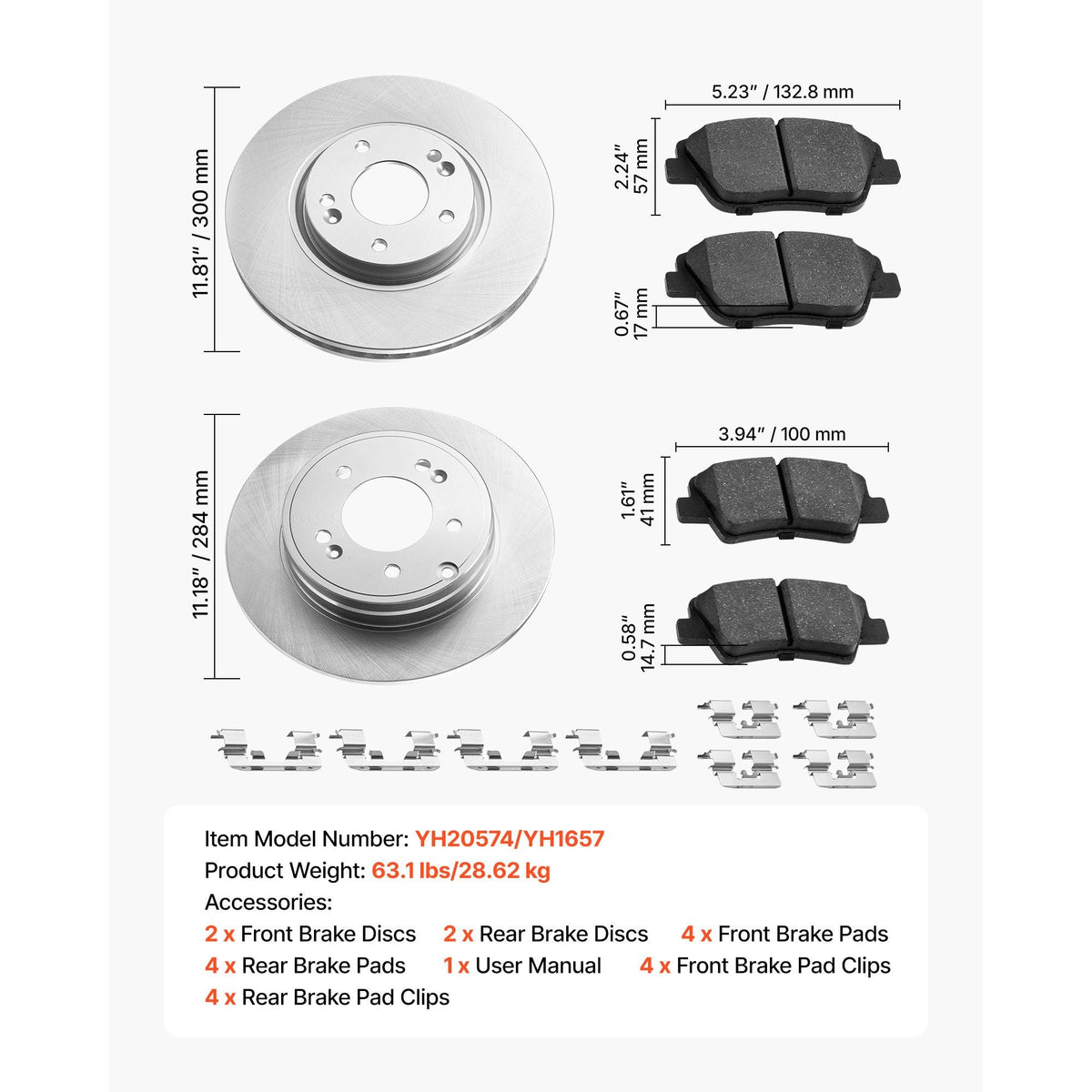 Front & Rear Brake Kit Compatible with 2011-2014 Hyundai Sonata, 2015 Hyundai Sonata (Hybrid, Hybrid Limited; Non-Turbo; Models w/Manual Parking Brake), Hollow Brake Rotors & Solid Rear Rotors
