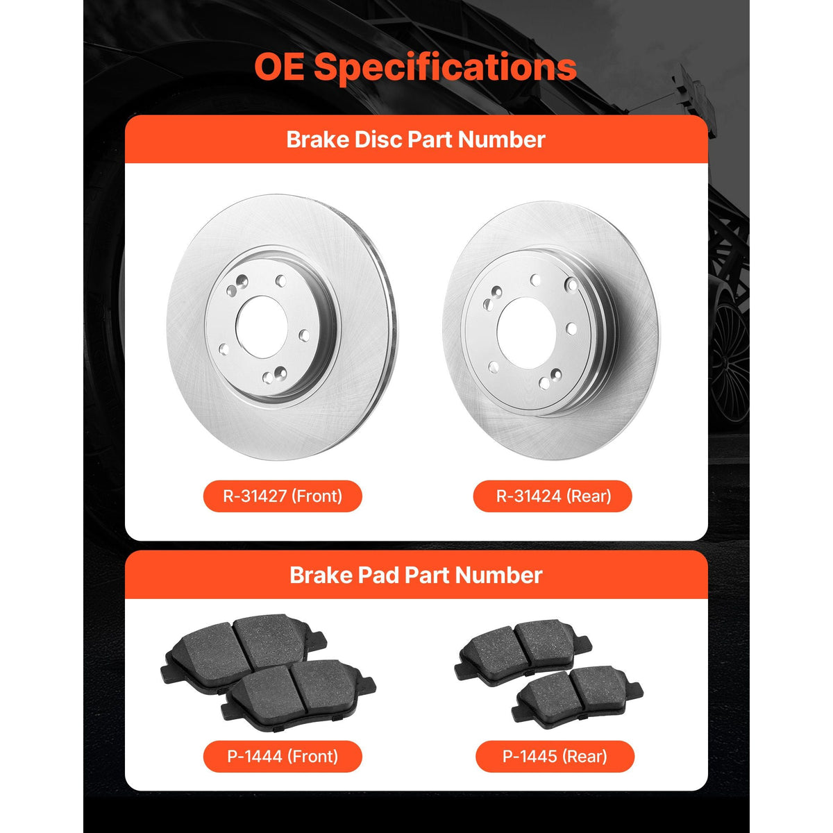 Front & Rear Brake Kit Compatible with 2011-2014 Hyundai Sonata, 2015 Hyundai Sonata (Hybrid, Hybrid Limited; Non-Turbo; Models w/Manual Parking Brake), Hollow Brake Rotors & Solid Rear Rotors