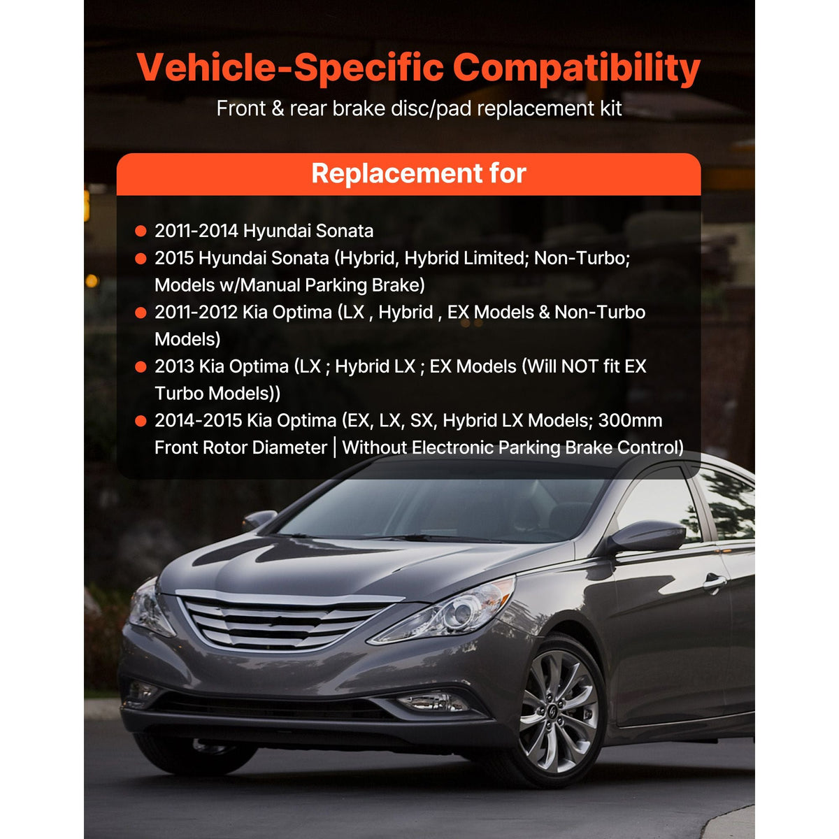 Front & Rear Brake Kit Compatible with 2011-2014 Hyundai Sonata, 2015 Hyundai Sonata (Hybrid, Hybrid Limited; Non-Turbo; Models w/Manual Parking Brake), Hollow Brake Rotors & Solid Rear Rotors