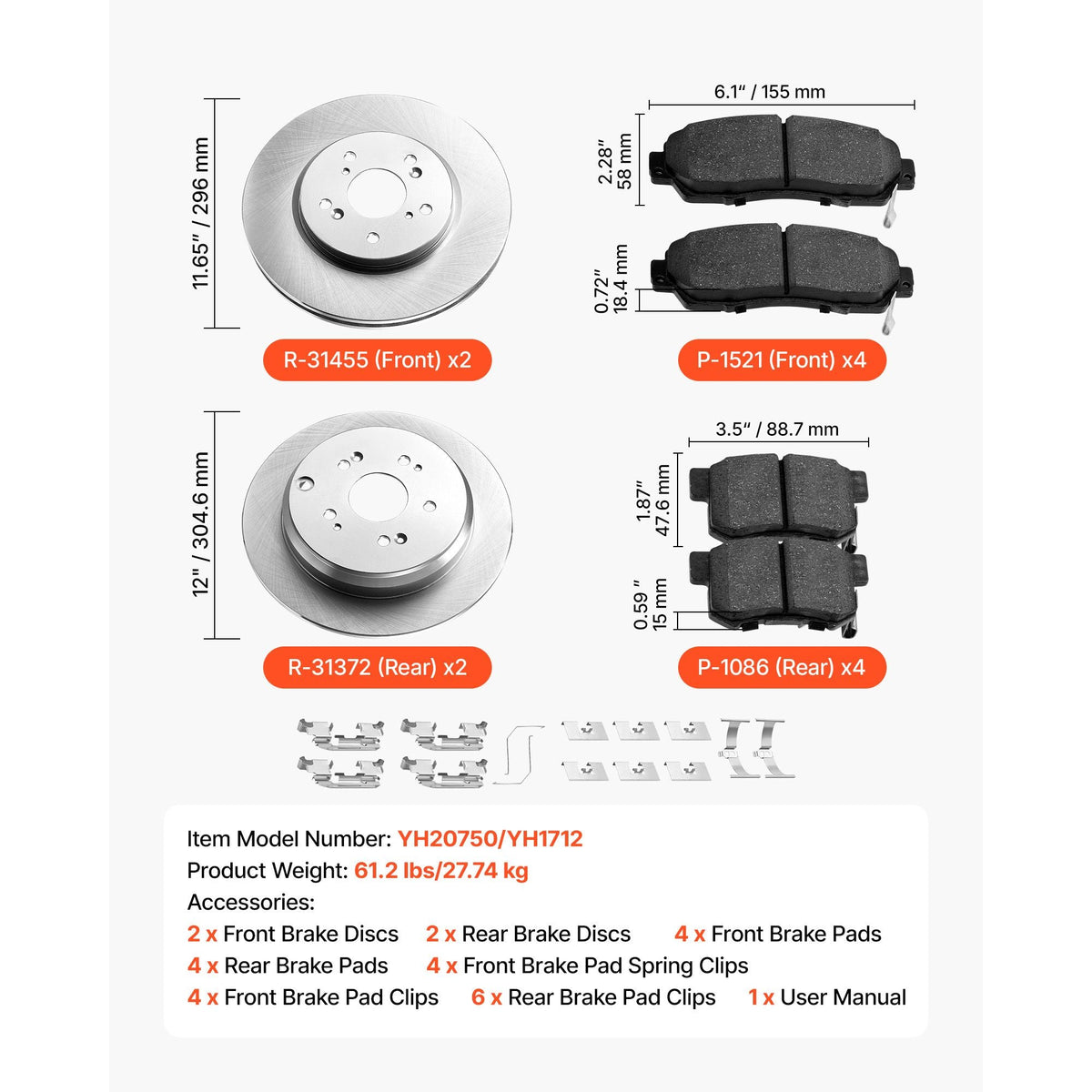 Front & Rear Brake Kit Compatible with 2012-2016 Honda CR-V (AWD Models), Ceramic Brake Replacement Kits, 12 inch Hollow Structure Front Rotors, 12 inch Solid Structure Rear Rotors, R-31455