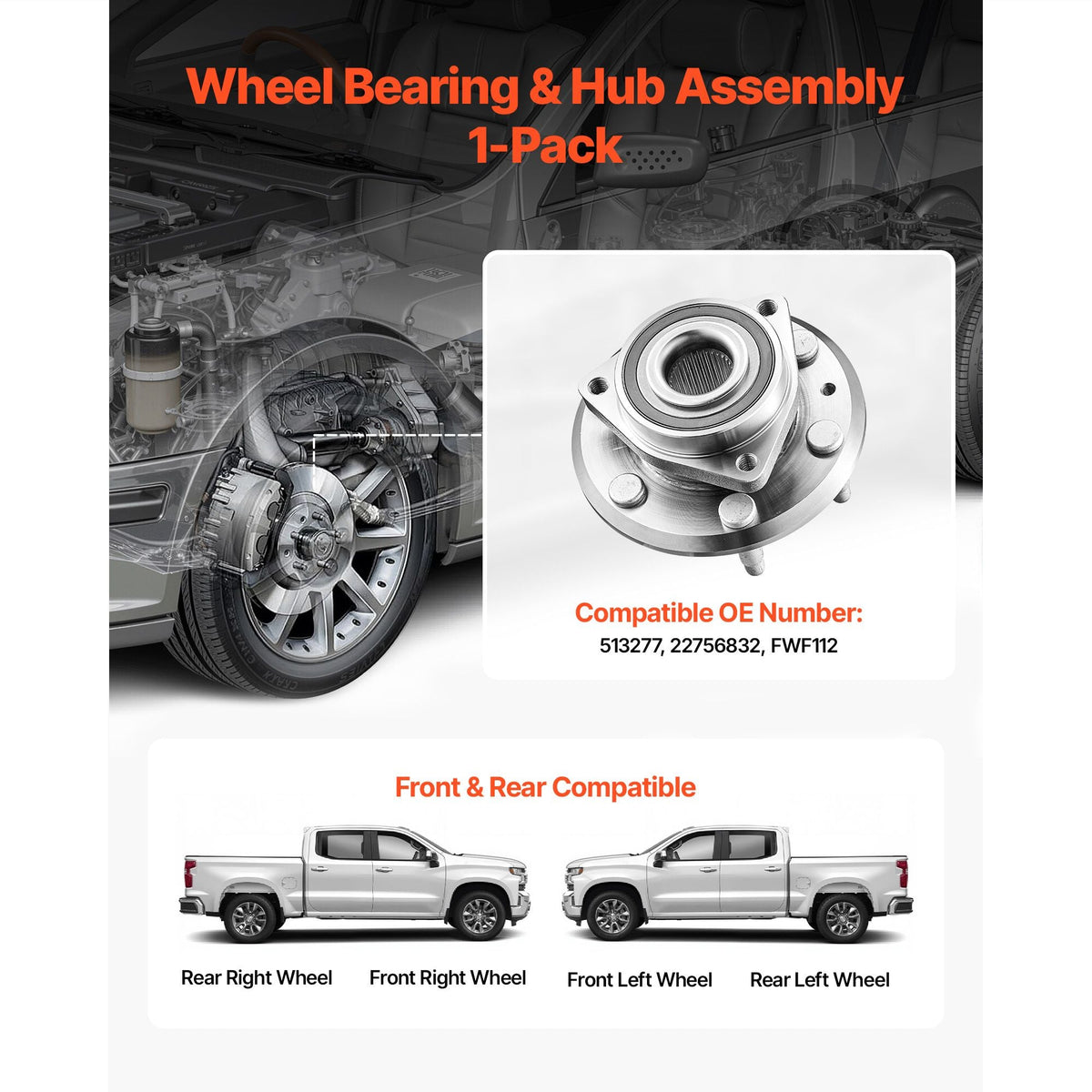 Front/Rear Wheel Bearing & Hub Assembly Fit for 2016-2017 Chevy Traverse LS Sport Utility Buick Enclave Convenience Leather Premium GMC Acadia 4-Door OEM 513277, Wheel Bearing Hub Assembly Set