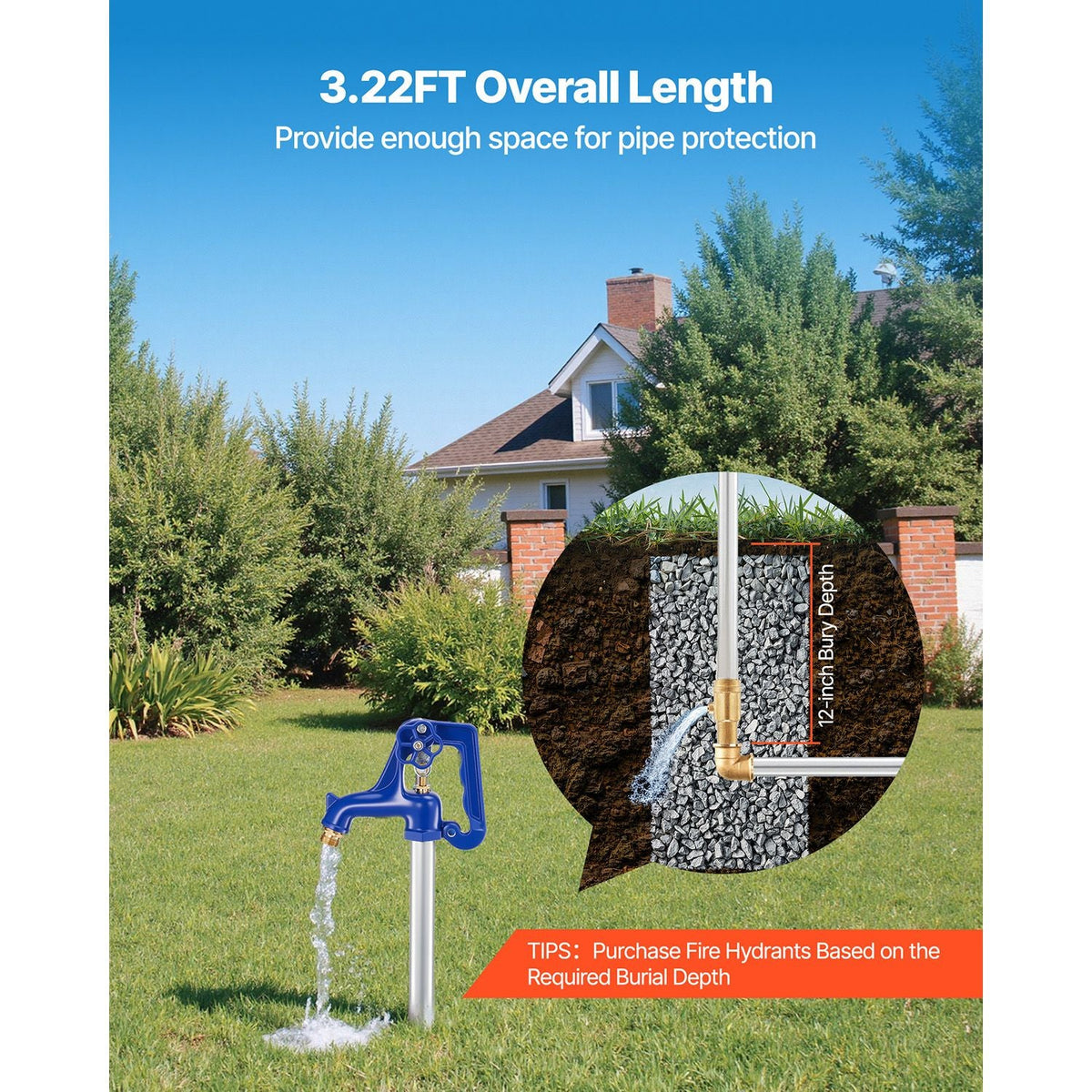 Frost Proof Yard Hydrant, 3.22FT Freeze-Proof Outdoor Faucet with 12" Bury Depth, 3/4" NPT Pipe Connection, Lever Handle + Handwheel, No Lead Freezeless Hydrant for Yard Garden Farm Irrigation