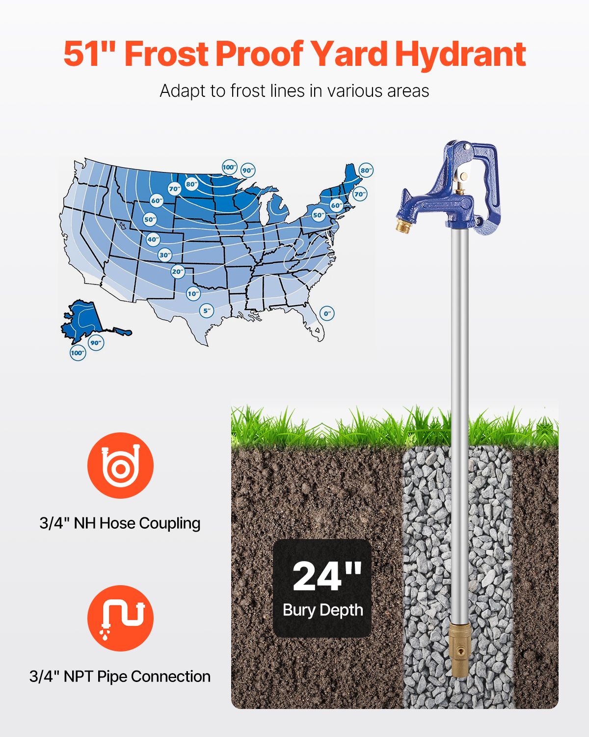 Frost Proof Yard Hydrant, 4.25 FT Freeze-Proof Outdoor Faucet with 24" Bury Dept, 3/4" NPT Pipe Connection & 3/4" NH Hose Coupling, Heavy-Duty Cast Iron Hydrant for Yard, Garden, Farm Irrigation