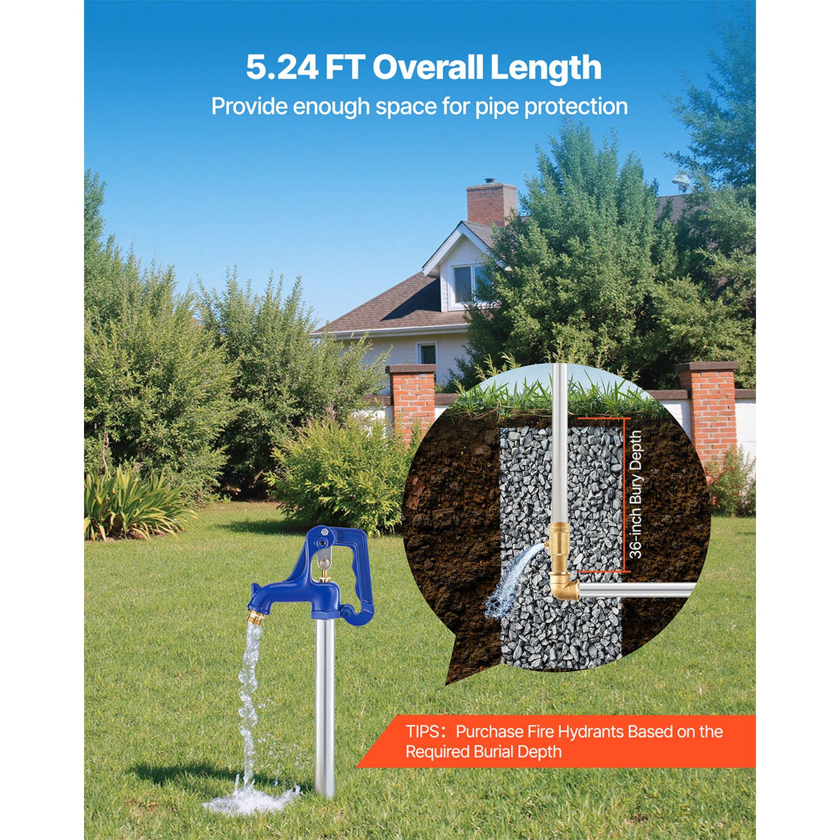Frost Proof Yard Hydrant, 5.24FT Freeze-Proof Outdoor Faucet with 36" Bury Depth, 3/4" NPT Pipe Connection & 3/4" NH Hose Coupling, No Lead Freezeless Hydrant for Yard Garden Farm Irrigation