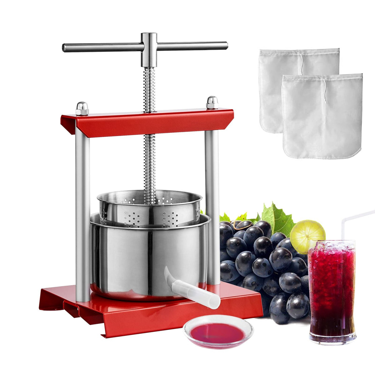 Fruit Wine Press, 0.8 Gallon/3L, 2 Stainless Steel Barrels, Manual Juice Maker, Cider Apple Grape Tincture Vegetables Honey Olive Oil Making Press with T-Handle for Outdoor, Kitchen, and Home