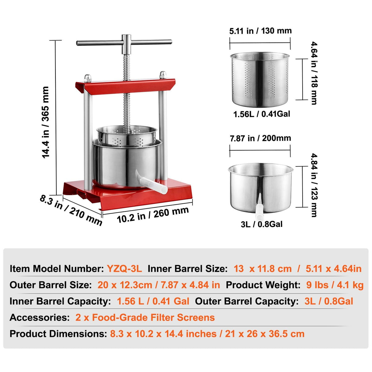 Fruit Wine Press, 0.8 Gallon/3L, 2 Stainless Steel Barrels, Manual Juice Maker, Cider Apple Grape Tincture Vegetables Honey Olive Oil Making Press with T-Handle for Outdoor, Kitchen, and Home