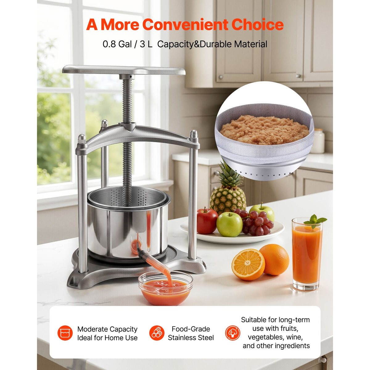 Fruit Wine Press, 0.8 Gallon/3L, Stainless Steel Manual Juice Maker with Powerful T-Shaped Handle, Juice Making for Apple/Grape/Orange/Berry, Cheese/Tincture/Herbal Press, for Kitchen Home