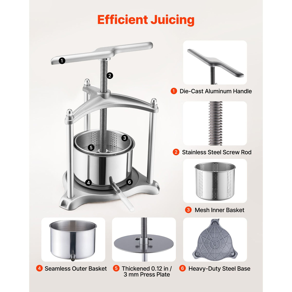 Fruit Wine Press, 0.8 Gallon/3L, Stainless Steel Manual Juice Maker with Powerful T-Shaped Handle, Juice Making for Apple/Grape/Orange/Berry, Cheese/Tincture/Herbal Press, for Kitchen Home