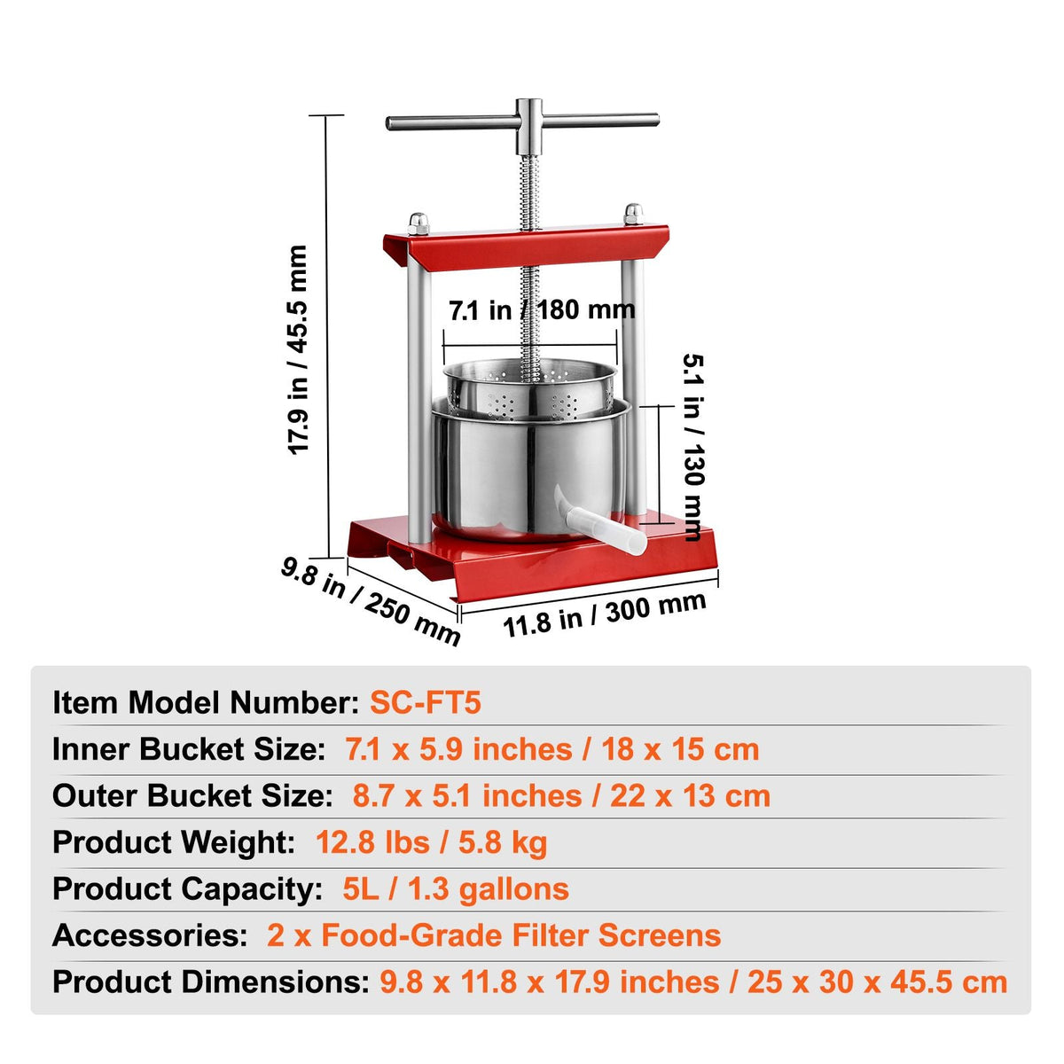 Fruit Wine Press, 1.6 Gallon/6L, 2 Stainless Steel Barrels, Manual Juice Maker, Cider Apple Grape Tincture Vegetables Honey Olive Oil Making Press with T-Handle for Outdoor, Kitchen, and Home