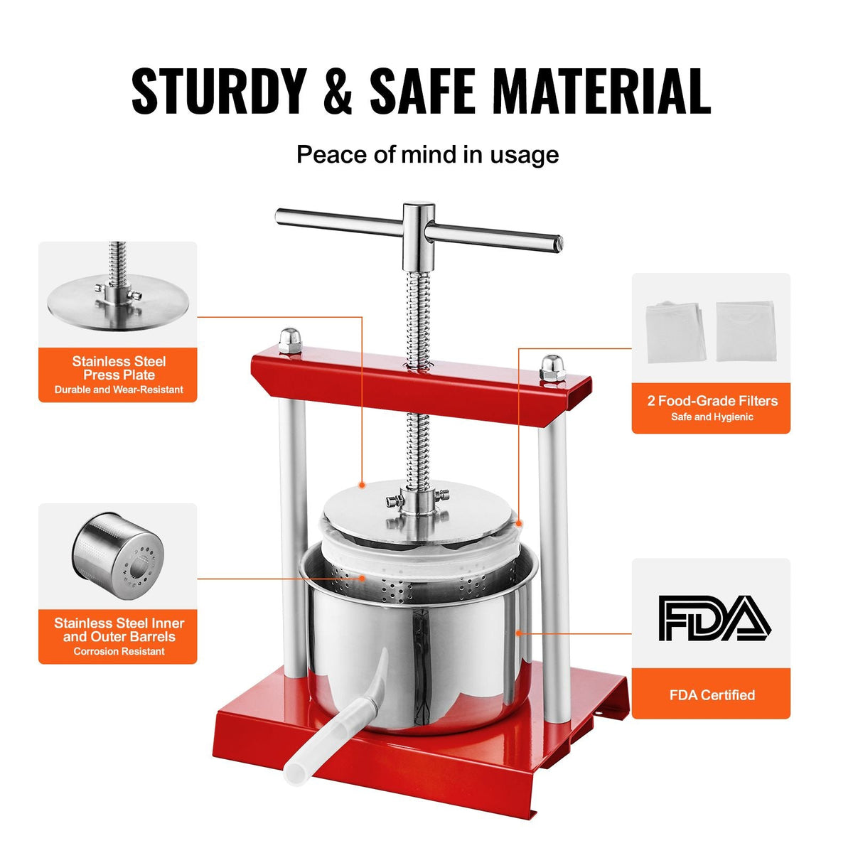 Fruit Wine Press, 1.6 Gallon/6L, 2 Stainless Steel Barrels, Manual Juice Maker, Cider Apple Grape Tincture Vegetables Honey Olive Oil Making Press with T-Handle for Outdoor, Kitchen, and Home