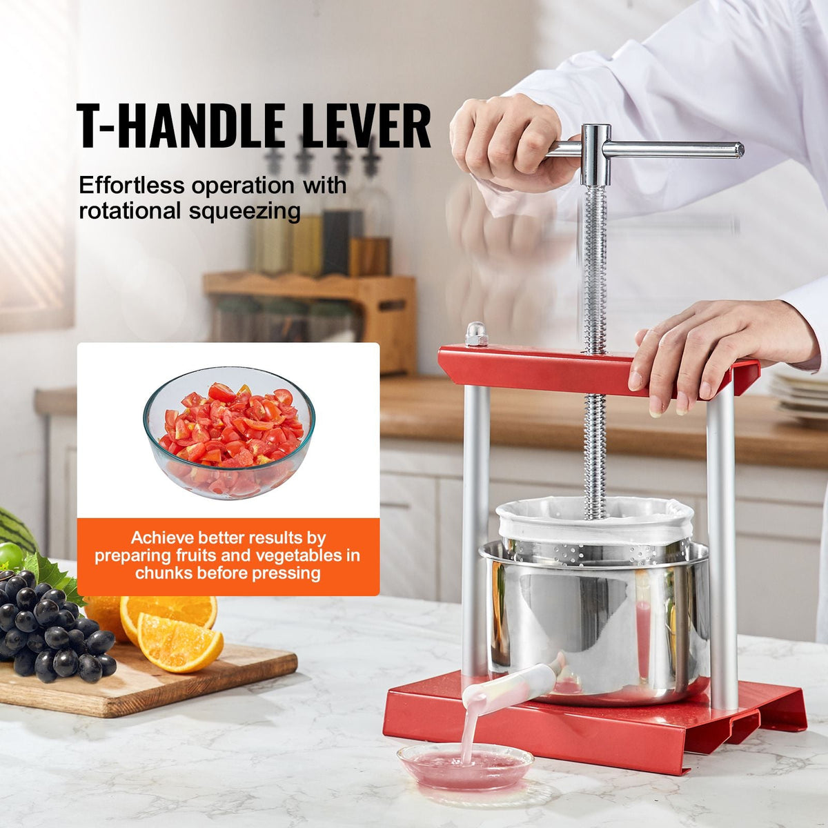 Fruit Wine Press, 1.6 Gallon/6L, 2 Stainless Steel Barrels, Manual Juice Maker, Cider Apple Grape Tincture Vegetables Honey Olive Oil Making Press with T-Handle for Outdoor, Kitchen, and Home