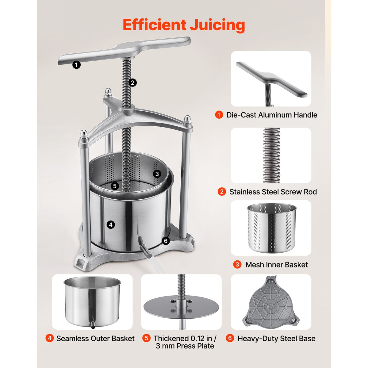 Fruit Wine Press, 1.6 Gallon/6L, Stainless Steel Manual Juice Maker with Powerful T-Shaped Handle, Juice Making for Apple/Grape/Orange/Berry, Cheese/Tincture/Herbal Press, for Kitchen Home
