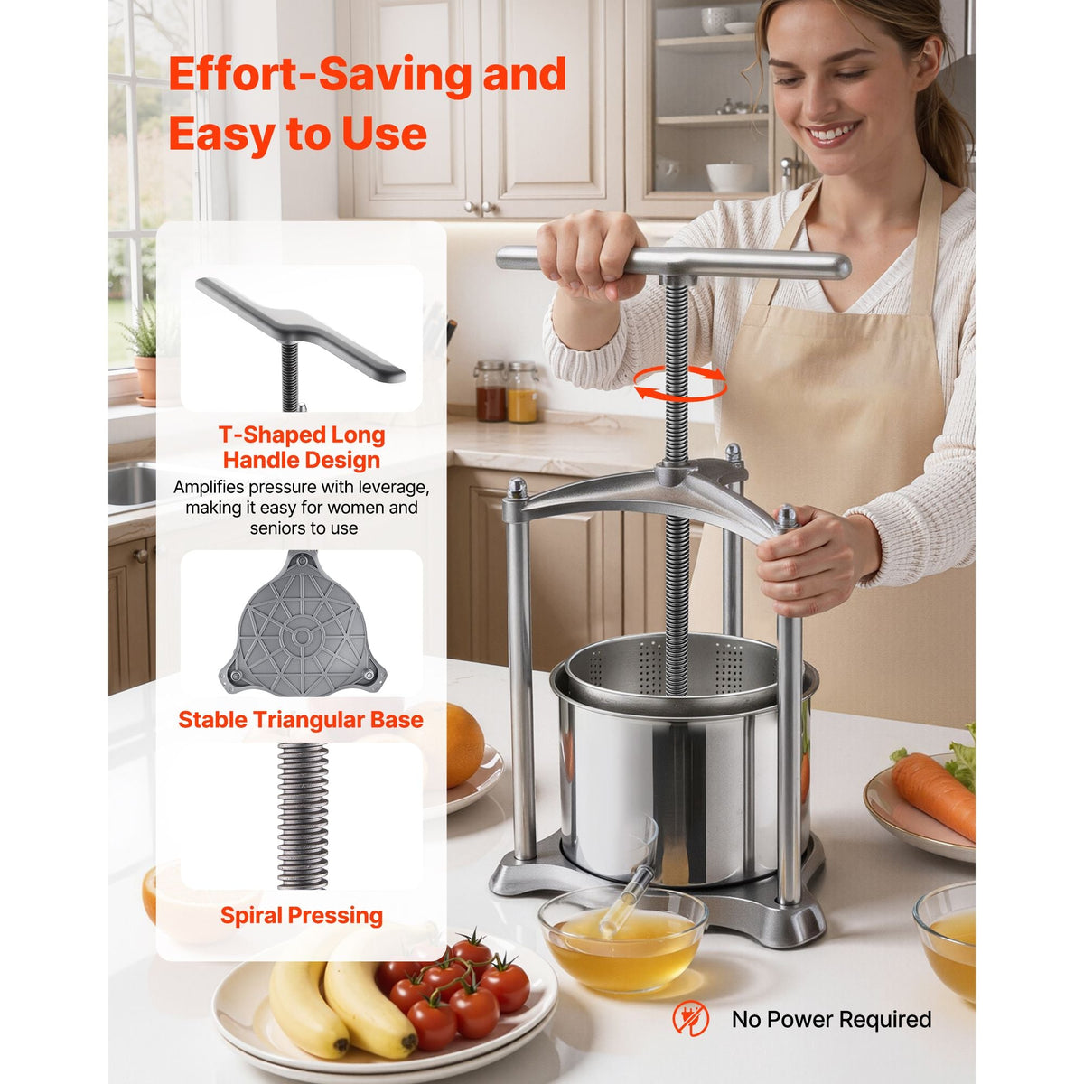 Fruit Wine Press, 1.6 Gallon/6L, Stainless Steel Manual Juice Maker with Powerful T-Shaped Handle, Juice Making for Apple/Grape/Orange/Berry, Cheese/Tincture/Herbal Press, for Kitchen Home