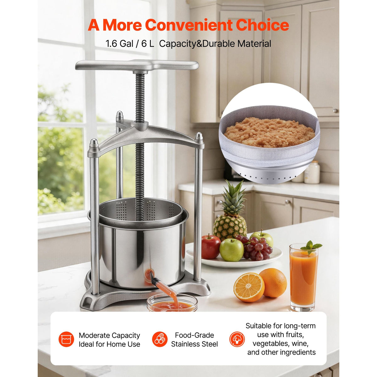 Fruit Wine Press, 1.6 Gallon/6L, Stainless Steel Manual Juice Maker with Powerful T-Shaped Handle, Juice Making for Apple/Grape/Orange/Berry, Cheese/Tincture/Herbal Press, for Kitchen Home