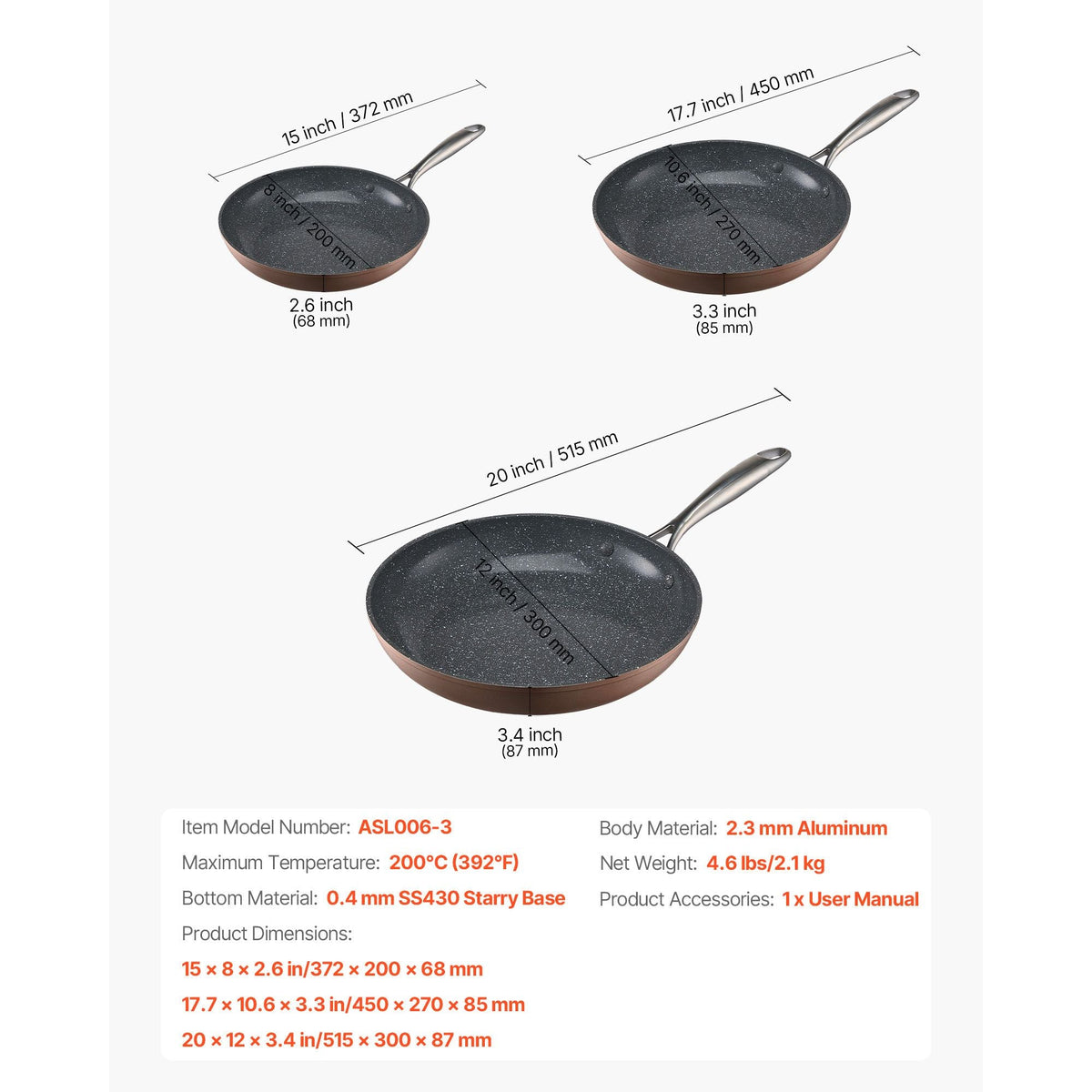Frying Pan Skillet, Aluminum Egg Fry Pans, 3 Piece (8, 10, 12 in), Nonsitck Ceramic Heavy-Duty Skillets with Heat-Resistant Handle, Chef's Cookware, for Oven, Gas, Electric, Induction, Grey