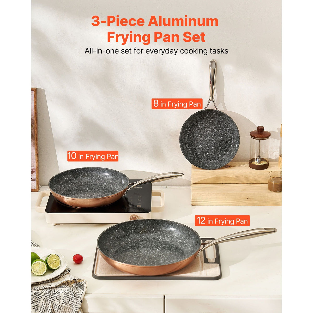 Frying Pan Skillet, Aluminum Egg Fry Pans, 3 Piece (8, 10, 12 in), Nonsitck Ceramic Heavy-Duty Skillets with Heat-Resistant Handle, Chef's Cookware, for Oven, Gas, Electric, Induction, Grey