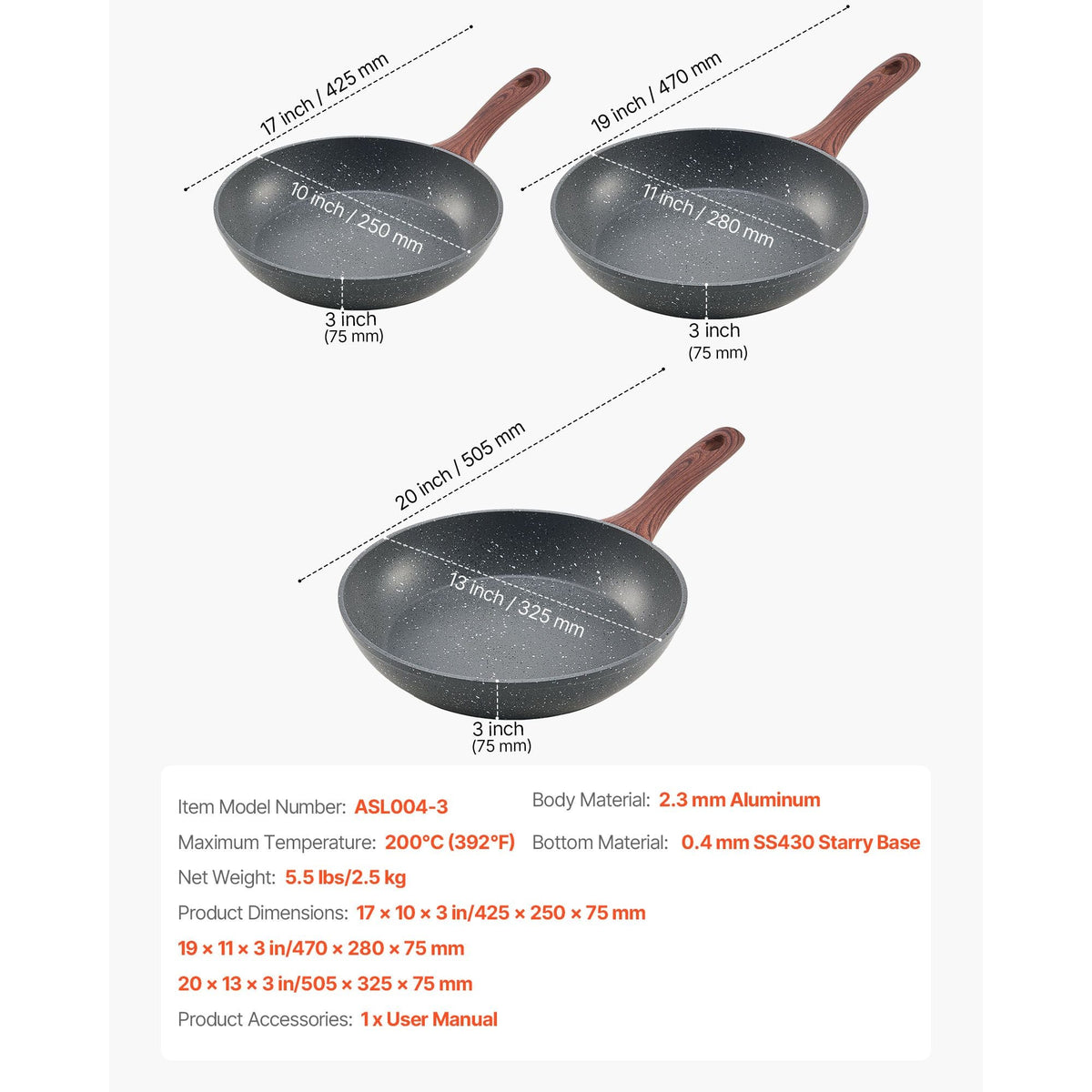 Frying Pan Skillet, Aluminum Egg Fry Pans, 3 Piece Set (9.5, 11, 12 in), Nonsitck Heavy-Duty Skillets with Heat-Resistant Handle, Chef's Kitchen Cookware, for Gas, Electric, Induction, Grey