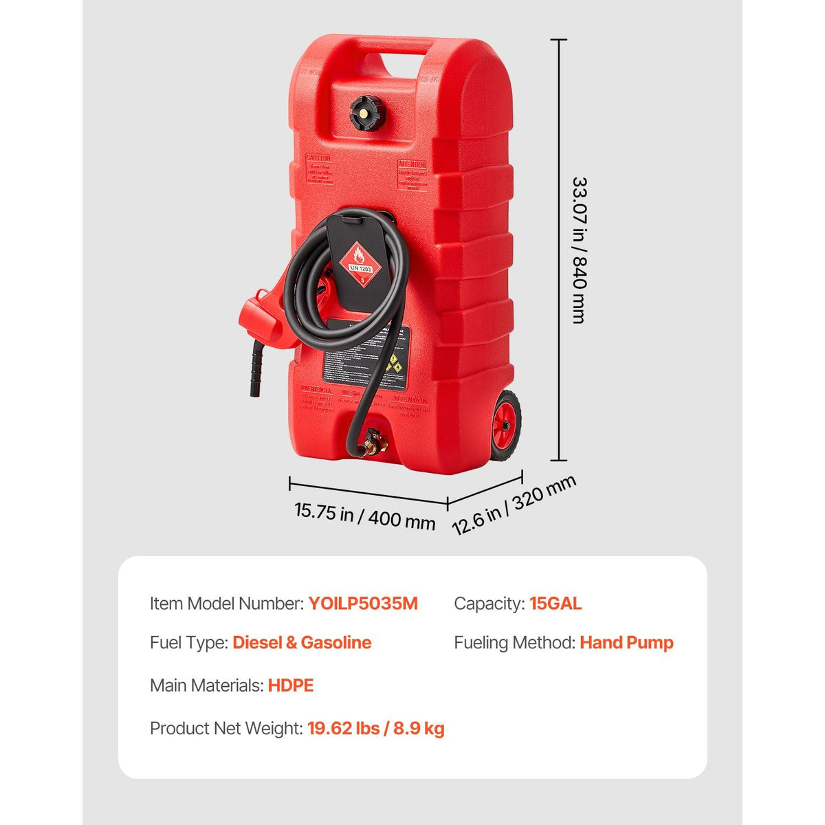 Fuel Caddy, 15 Gallon, Portable Fuel Tank with Gravity & Hand Pump Modes, Fuel Tank Container with Wheels, 10 ft Delivery Hose & Manual Pump, Gas Caddy for Motorboats, ATVs, Gasoline & Diesel