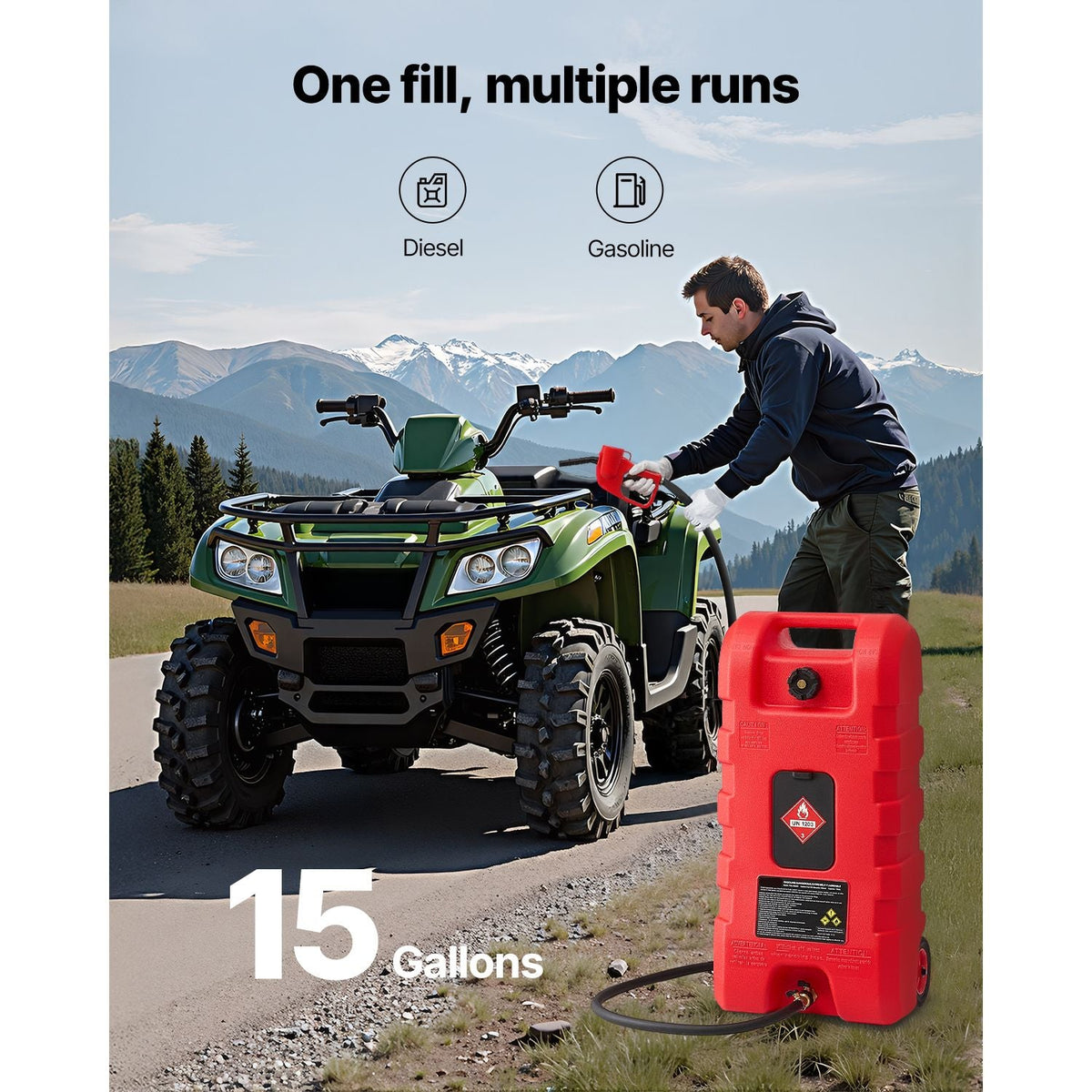 Fuel Caddy, 15 Gallon, Portable Fuel Tank with Gravity & Hand Pump Modes, Fuel Tank Container with Wheels, 10 ft Delivery Hose & Manual Pump, Gas Caddy for Motorboats, ATVs, Gasoline & Diesel