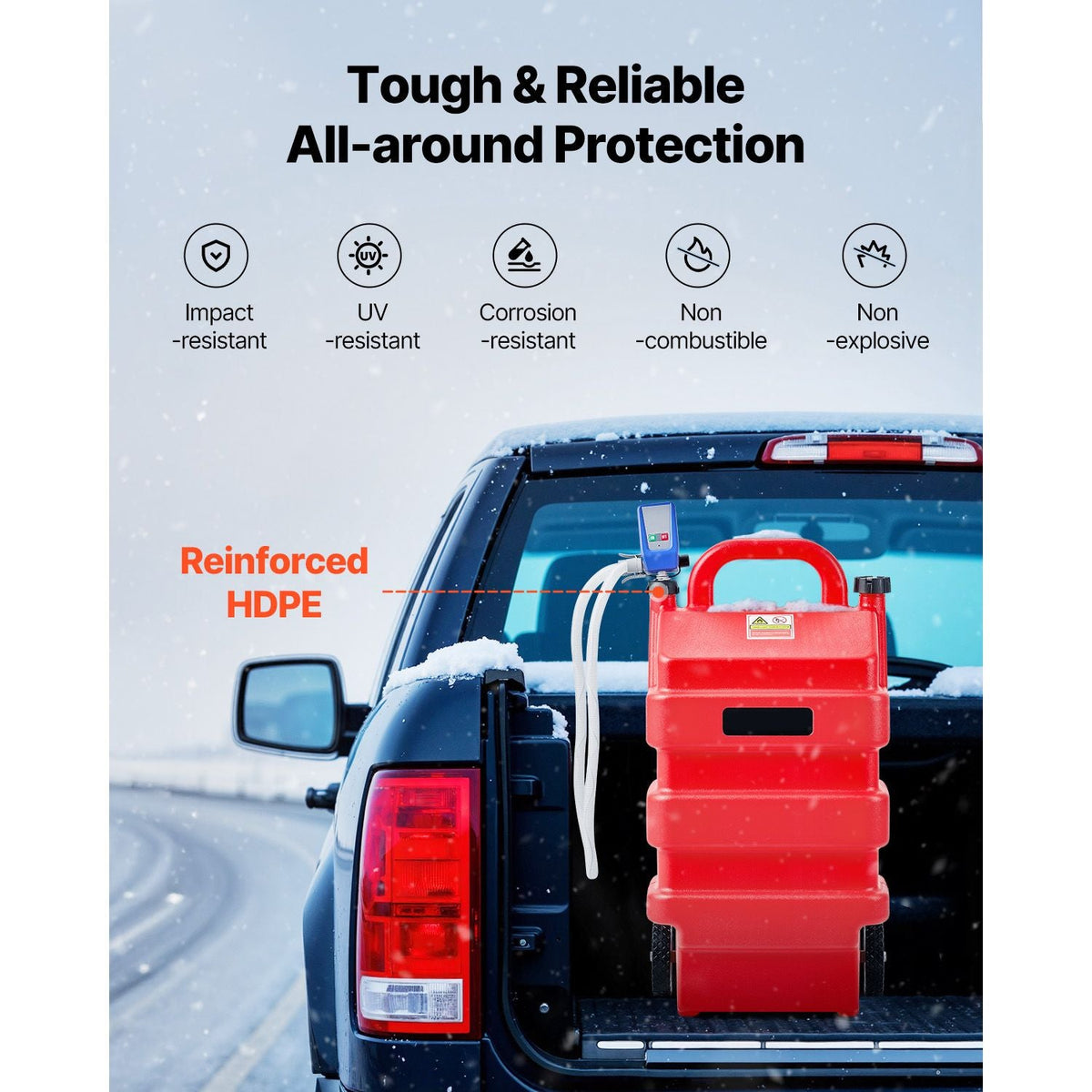 Fuel Caddy, 16 Gallon, Portable Fuel Tank with 12V DC 2.5 GPM Electric Fuel Transfer Pump, 4 ft Delivery Hose & Auto-Stop Sensor Nozzle, Tank Adapters, Suitable for Diesel & Gasoline, Red