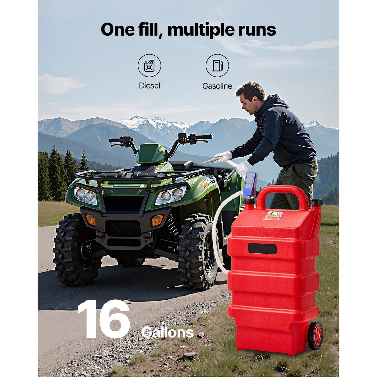 Fuel Caddy, 16 Gallon, Portable Fuel Tank with 12V DC 2.5 GPM Electric Fuel Transfer Pump, 4 ft Delivery Hose & Auto-Stop Sensor Nozzle, Tank Adapters, Suitable for Diesel & Gasoline, Red