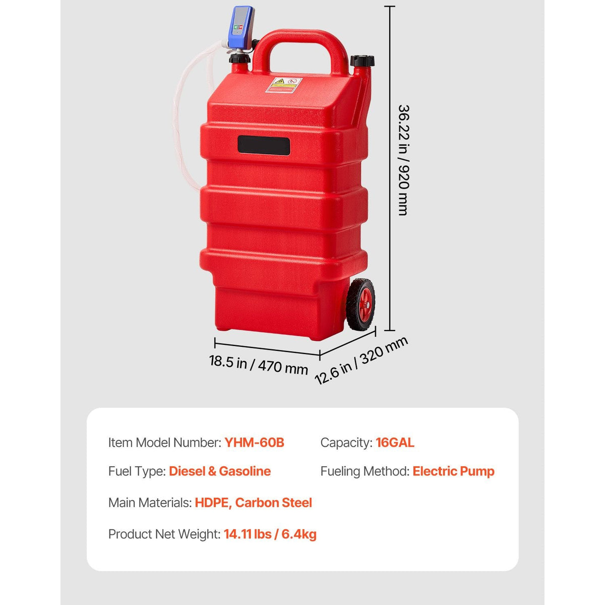 Fuel Caddy, 16 Gallon, Portable Fuel Tank with 12V DC 2.5 GPM Electric Fuel Transfer Pump, 4 ft Delivery Hose & Auto-Stop Sensor Nozzle, Tank Adapters, Suitable for Diesel & Gasoline, Red