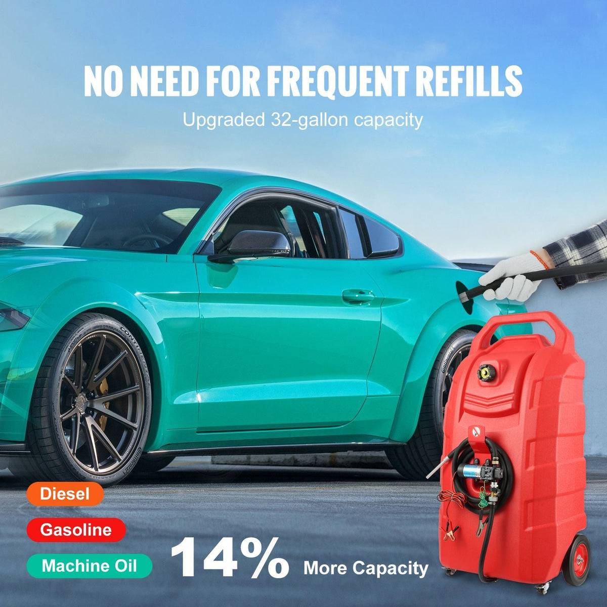 Fuel Caddy, 32 Gallon, Portable Fuel Storage Tank On-Wheels, with 12V DC Transfer Pump, Gasoline Diesel Fuel Container with 8.2 ft Hose, Flow Rate 7L/min, for Trucks, Boats, Lawn Mowers