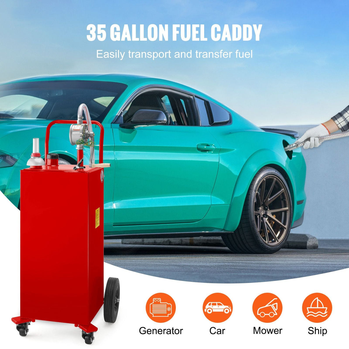 Fuel Caddy, 35 Gallon, Gas Storage Tank on 4 Wheels, with Manuel Transfer Pump, Gasoline Diesel Fuel Container for Cars, Lawn Mowers, ATVs, Boats, More, Red